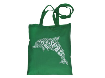 bawełniana torba z nadrukiem DTF. Gadżet reklamowy z nadrukiem. Zilona torba z bawełny z nadrukiem delfina.